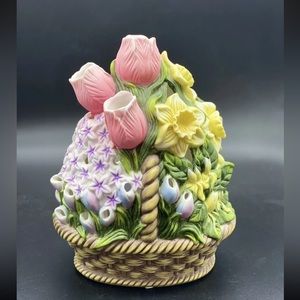 Partylite Floral Garden Basket Bouquet Candle Holder Ceramic Spring Bloom 8"